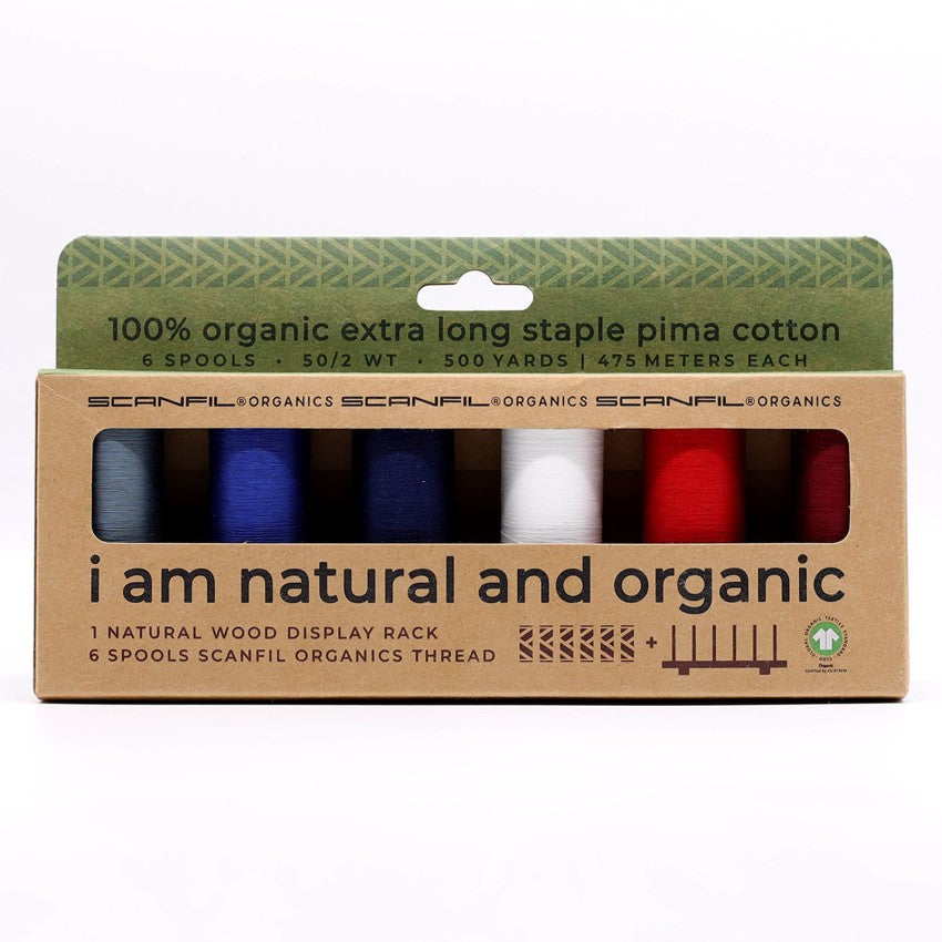 Scanfil organic cotton 6-spool thread set with wooden stand, Patriotic colorway