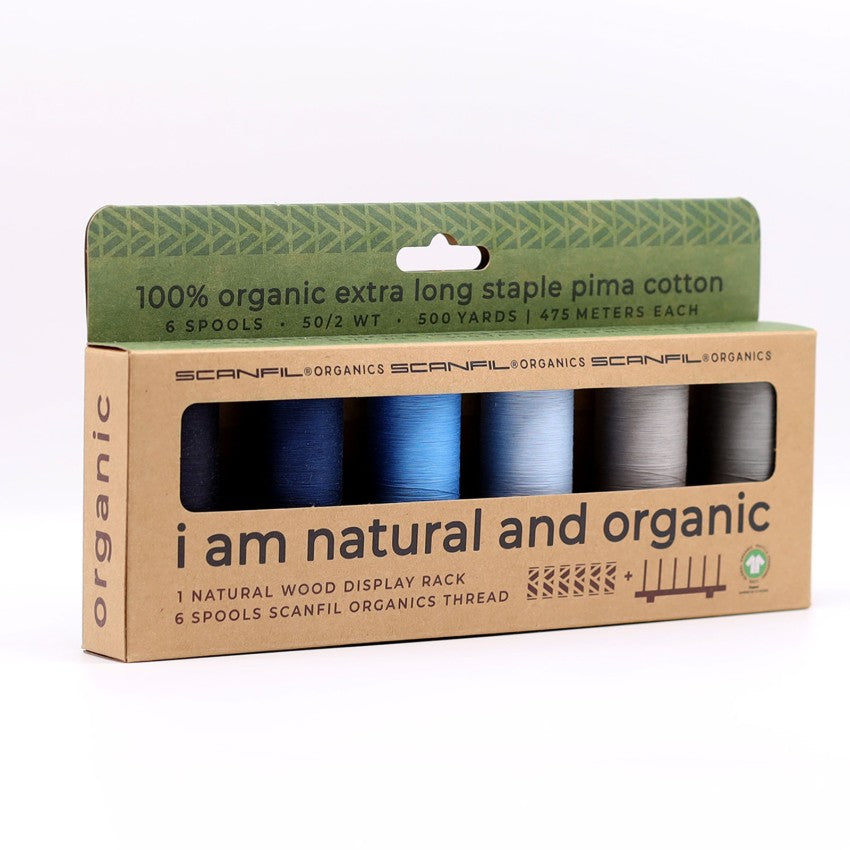 Frosty Winter 6-spool organic thread set on wooden display stand, view 2
