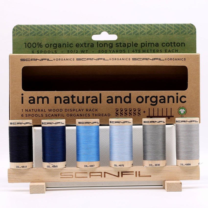 Frosty Winter 6-spool organic thread set on wooden display stand, view 3