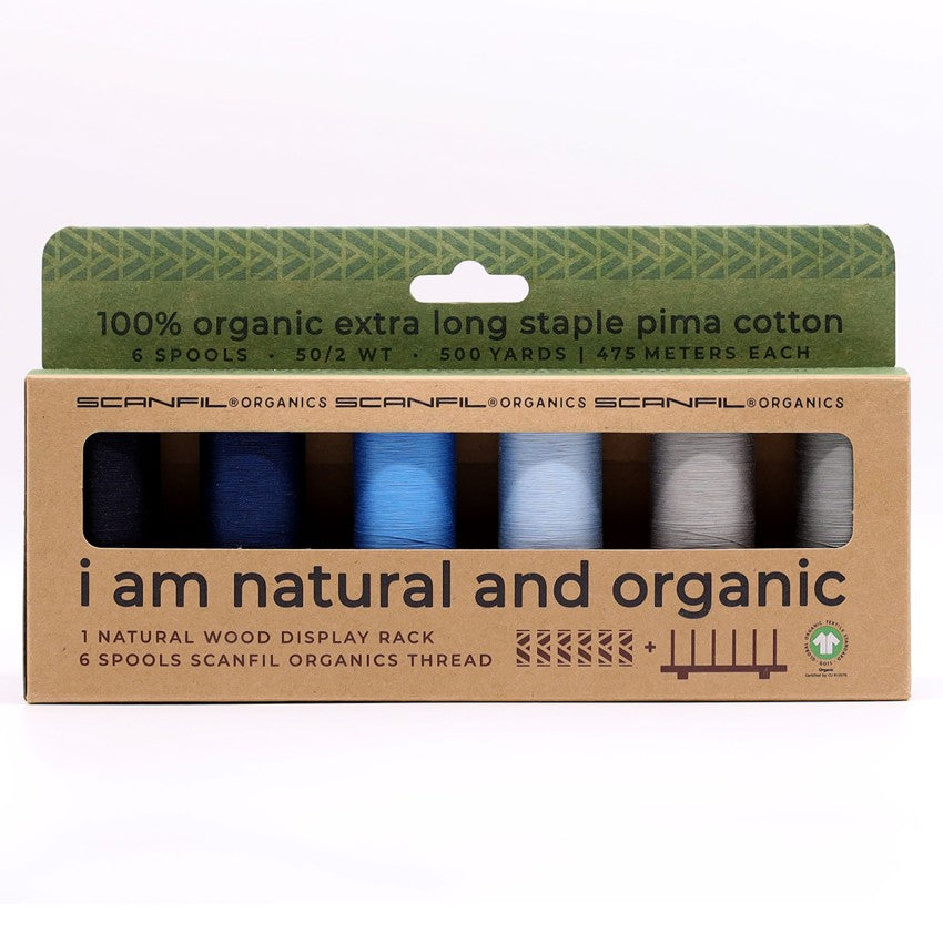 Scanfil organic cotton 6-spool thread set with wooden stand, Frosty Winter colorway