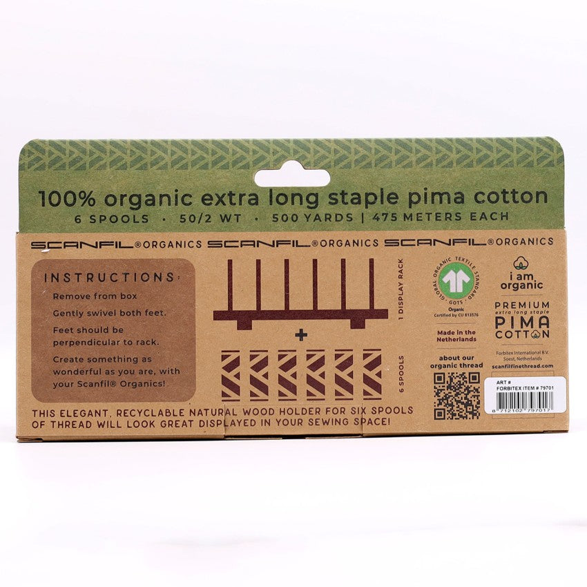 Holiday Traditions 6-spool organic thread set on wooden display stand, view 1