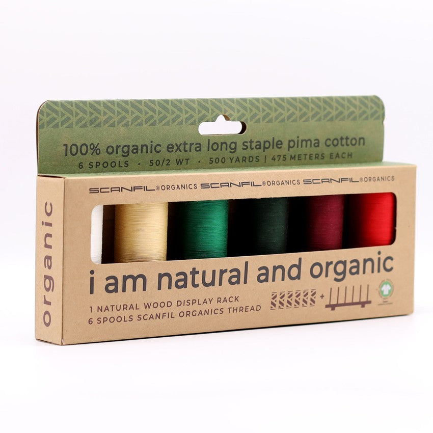 Holiday Traditions 6-spool organic thread set on wooden display stand, view 2
