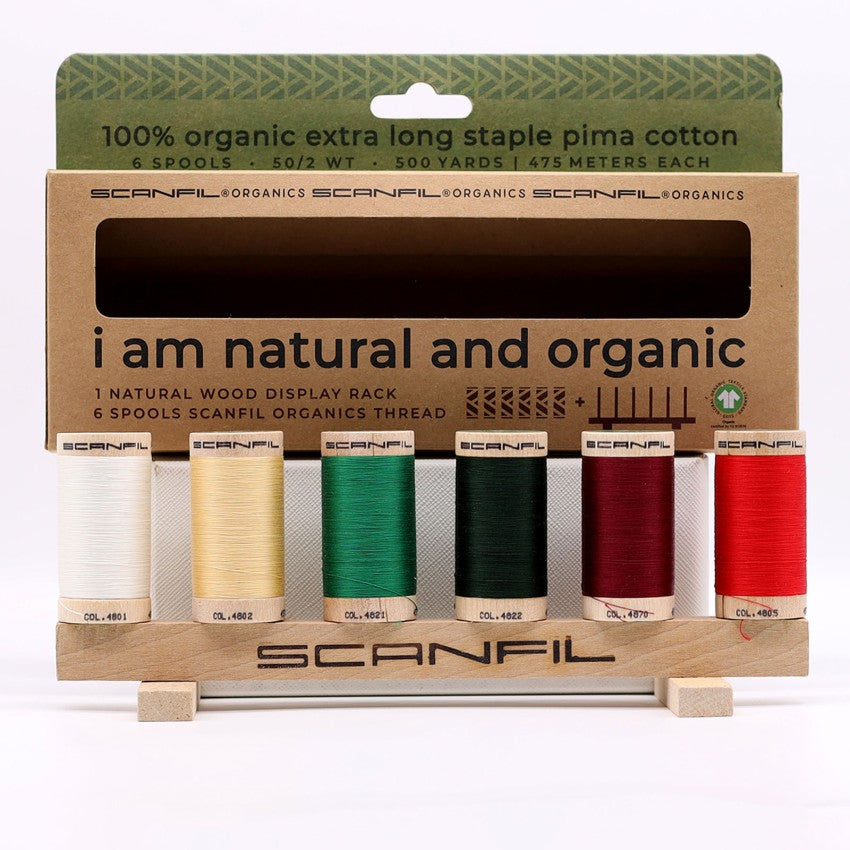 Holiday Traditions 6-spool organic thread set on wooden display stand, view 3
