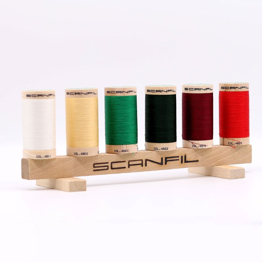 Holiday Traditions 6-spool organic thread set on wooden display stand, view 4