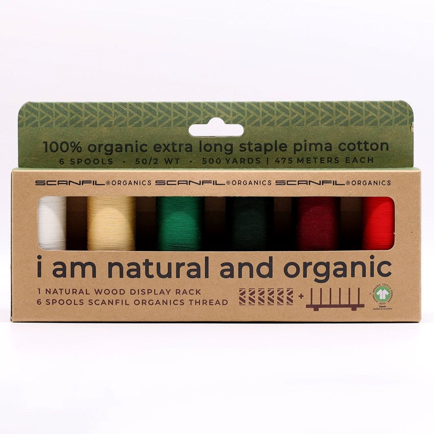 Scanfil organic cotton 6-spool thread set with wooden stand, Holiday Traditions colorway
