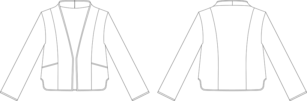 Technical line drawings of the Siloé Jacket, front and back: open-front quilted jacket with high collar and bias-bound edges