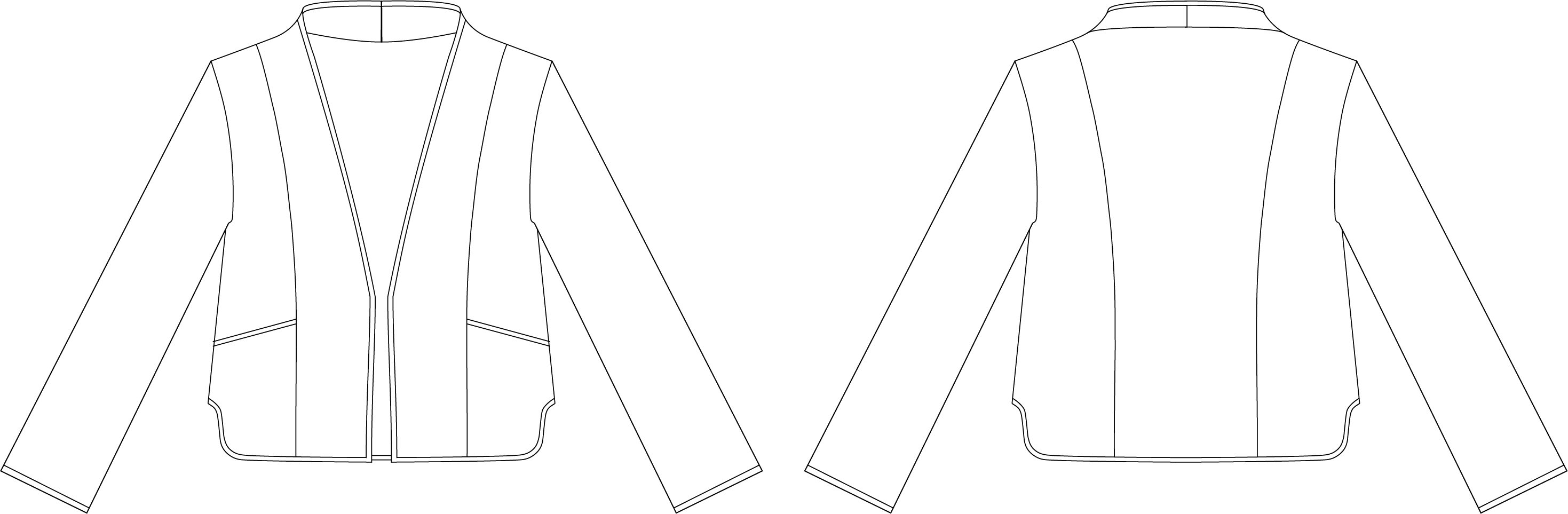 Technical line drawings of the Siloé Jacket, front and back: open-front quilted jacket with high collar and bias-bound edges
