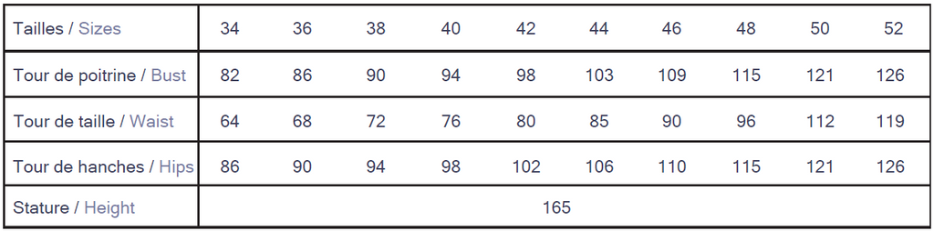 Cha' coud Siloé Jacket size chart, European sizes 34–52 with bust, waist and hip measurements in cm, drafted for 165 cm height