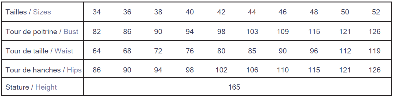 Cha' coud Siloé Jacket size chart, European sizes 34–52 with bust, waist and hip measurements in cm, drafted for 165 cm height