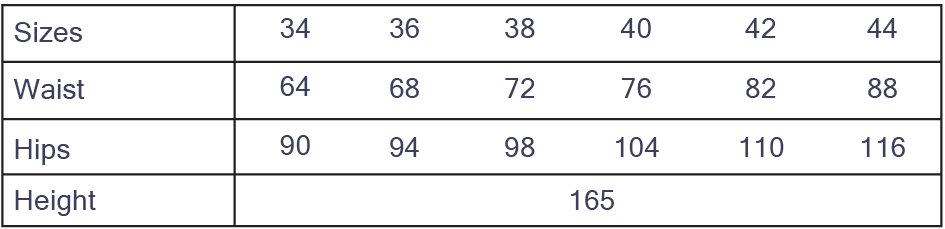 Cha' coud Sybil Shorts size chart, European sizes 34–44 with waist and hip measurements in cm, drafted for 165 cm height