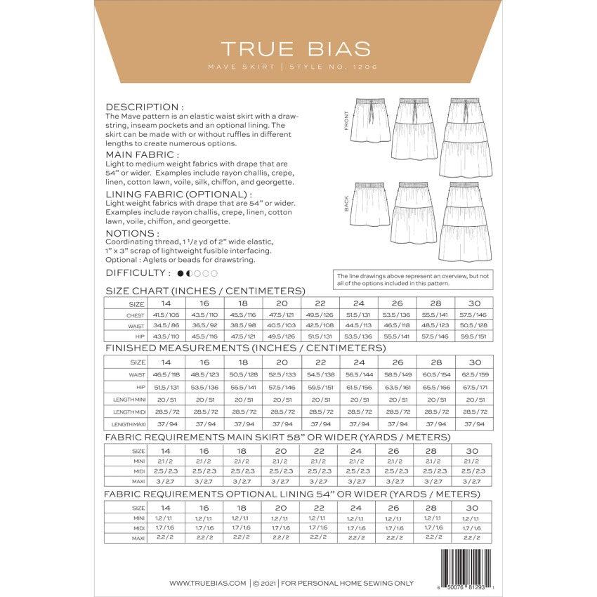 True Bias - Mave Skirt Pattern - Size 14-30