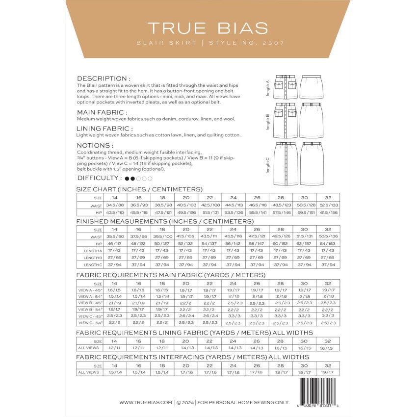 True Bias - Blair Skirt Pattern - Size 14-32