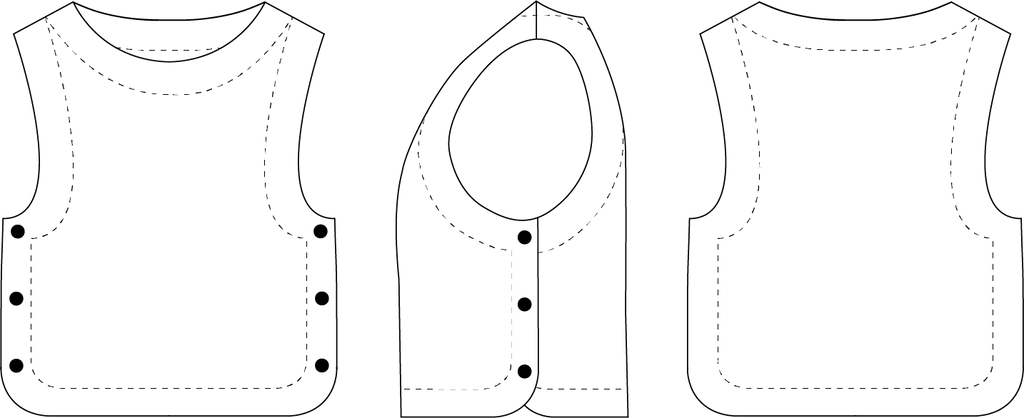 Technical line drawings of the Téva Slipover, front, side and back: sleeveless vest with curved hem and three-button side closures
