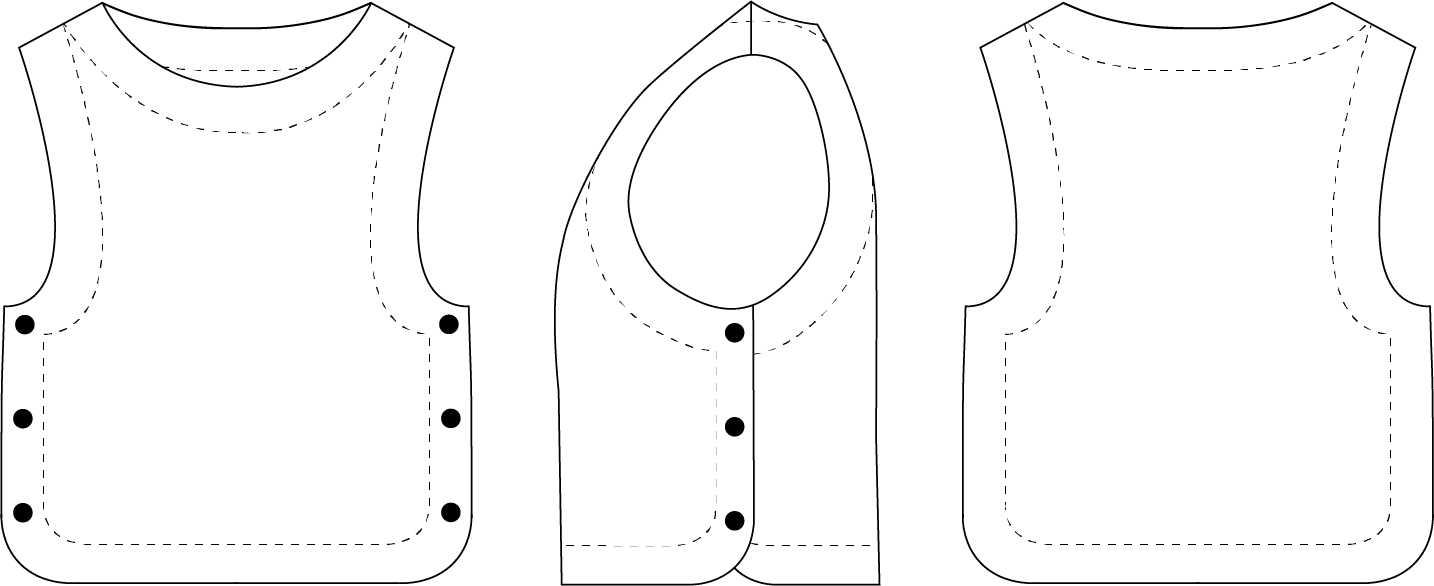 Technical line drawings of the Téva Slipover, front, side and back: sleeveless vest with curved hem and three-button side closures