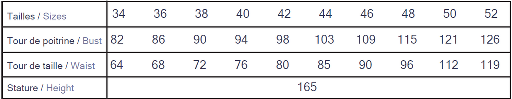 Cha' coud Téva Slipover size chart, European sizes 34–52 with bust and waist measurements in cm, drafted for 165 cm height
