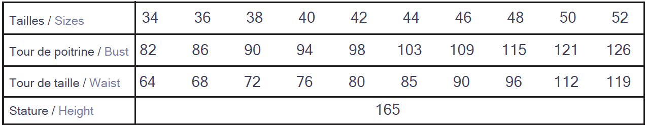 Cha' coud Téva Slipover size chart, European sizes 34–52 with bust and waist measurements in cm, drafted for 165 cm height