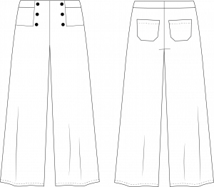 Technical line drawings of the Thaïs Trousers, front and back: sailor-style six-button front flap, flared leg and back patch pockets