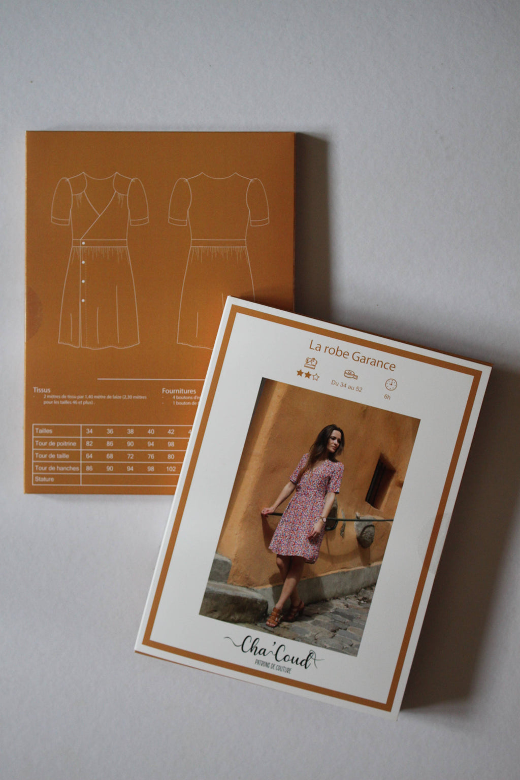 Cha' coud Garance Dress printed sewing pattern envelope with line drawings and size chart