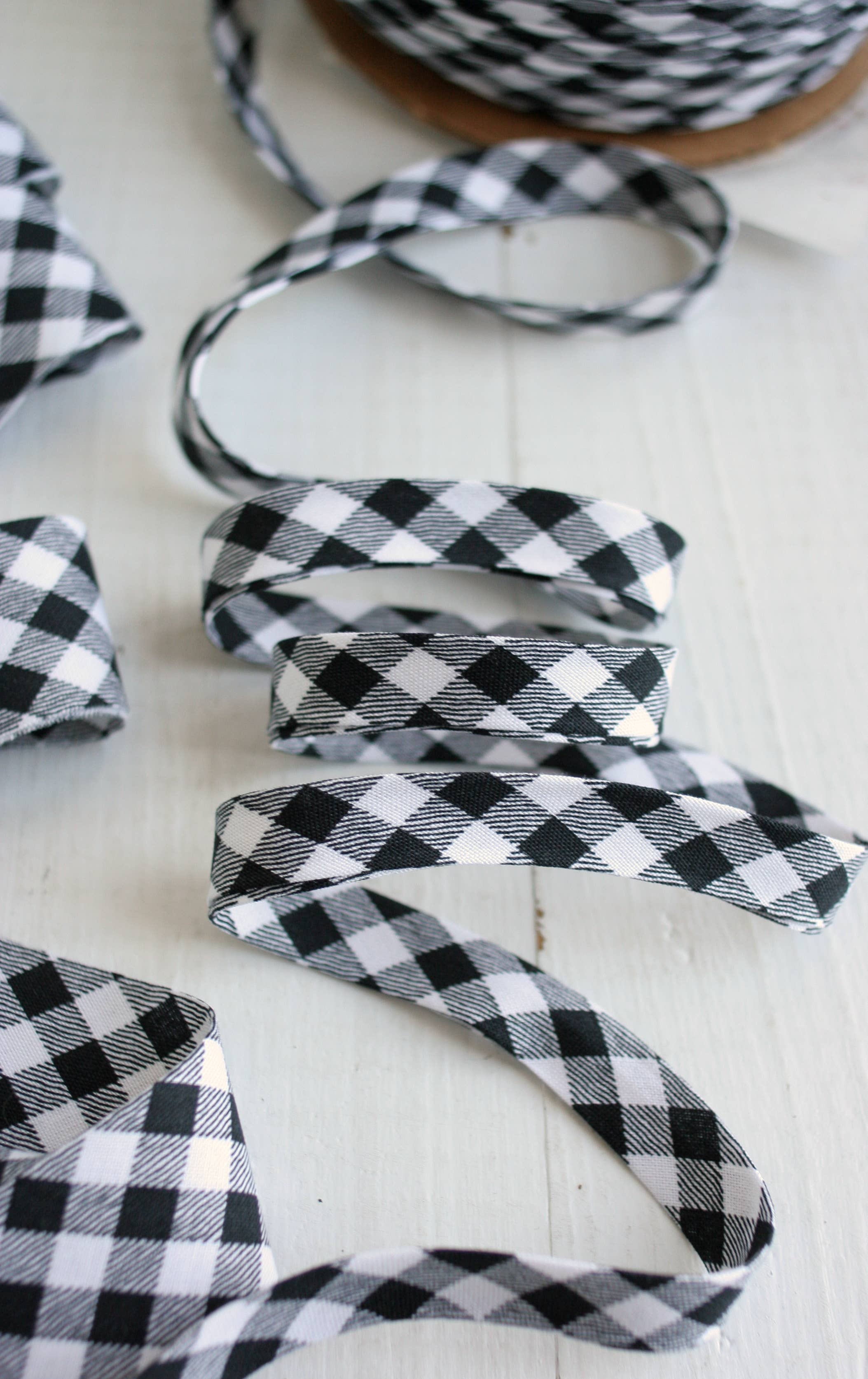 Black Gingham 1/2 inch double fold cotton bias binding tape by Bessie Pearl Binding Co
