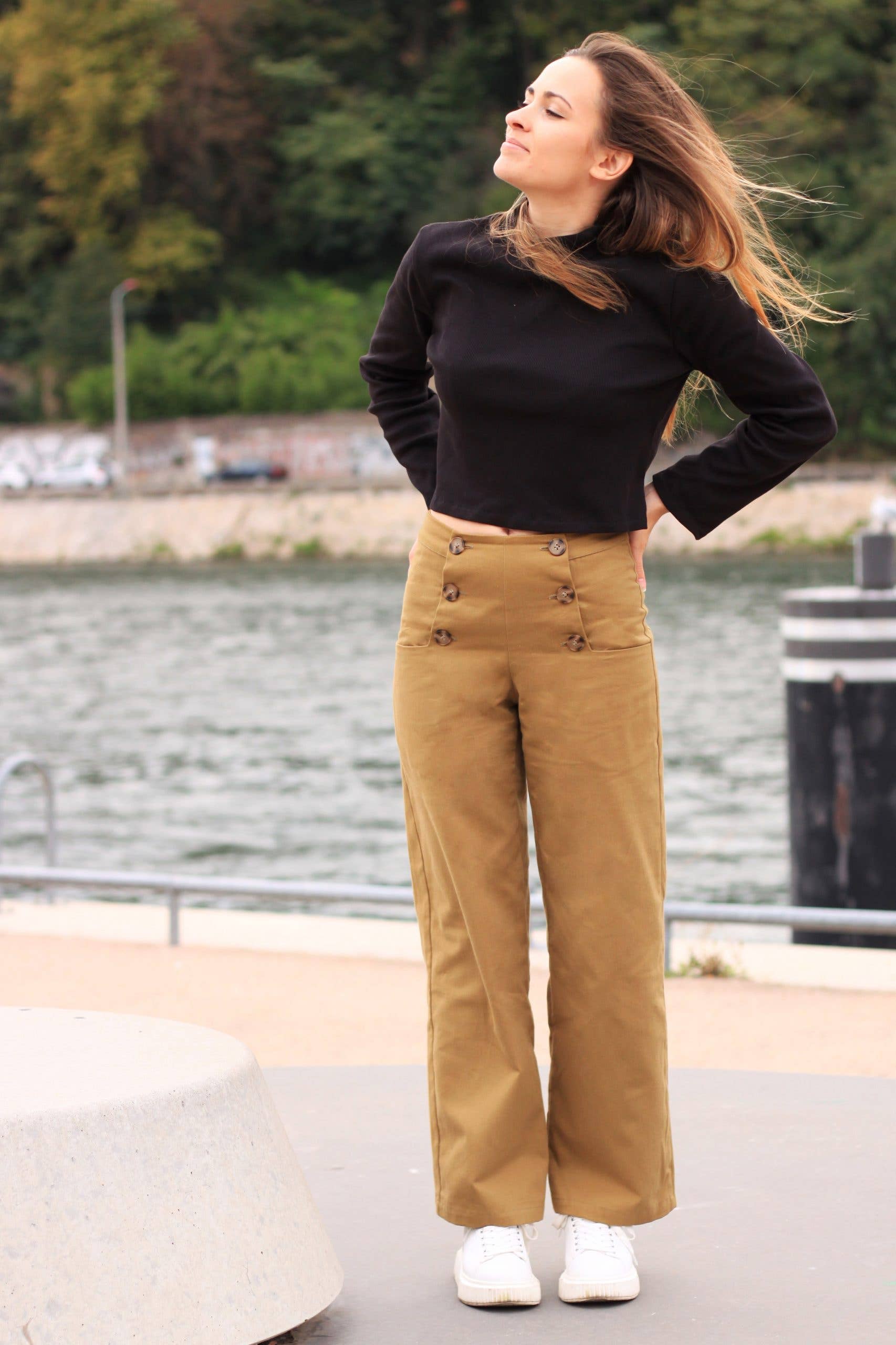 Thaïs Trousers sewing pattern by Cha' coud sewn in camel cotton twill with sailor button flap, front view