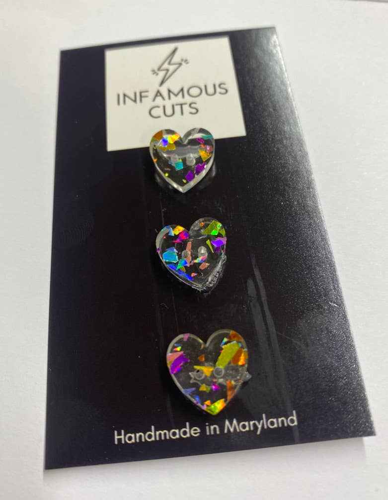 Infamous  Cuts - 1/2" Confetti Glitter Two Hole Heart Acrylic Buttons