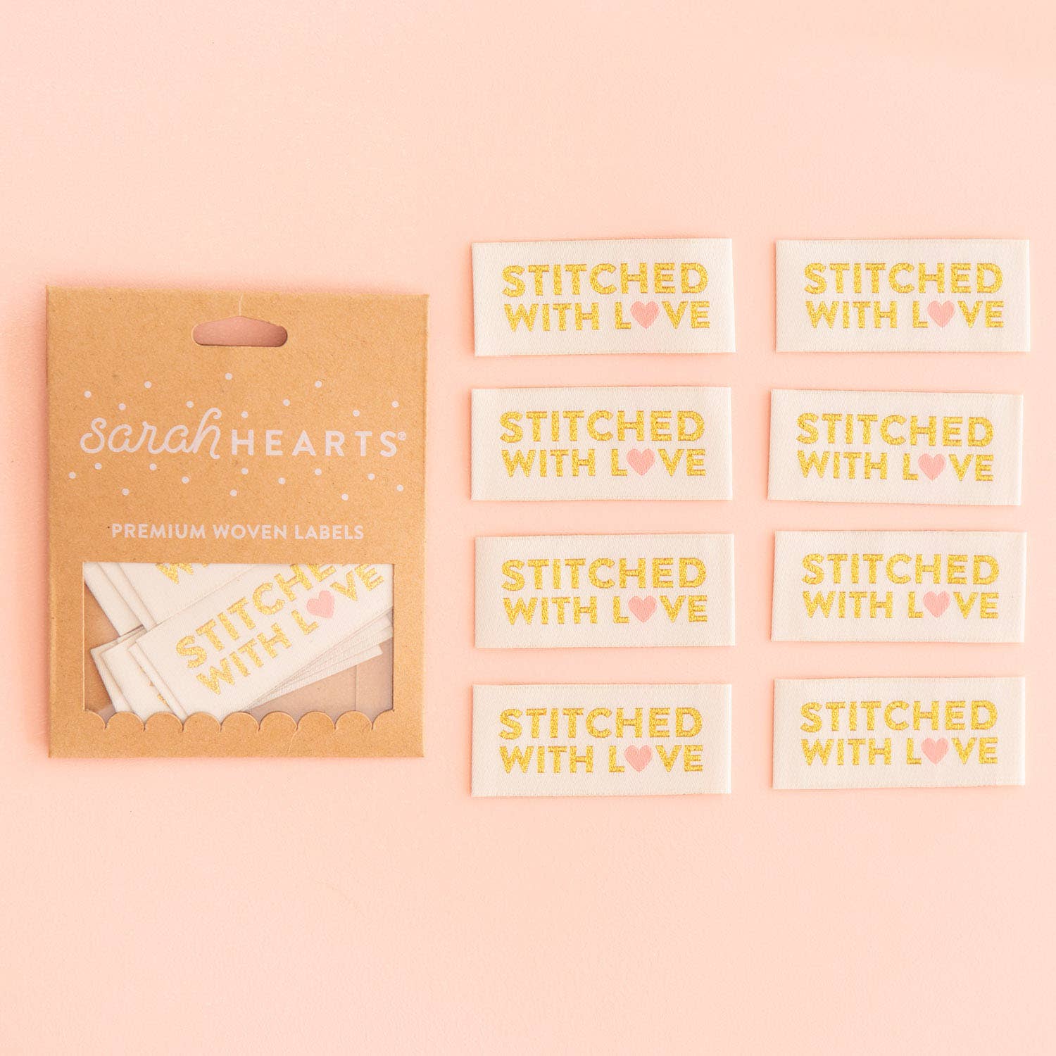 Sarah Hearts - Stitched with Love - Gold Sewing Woven Clothing Label Tags